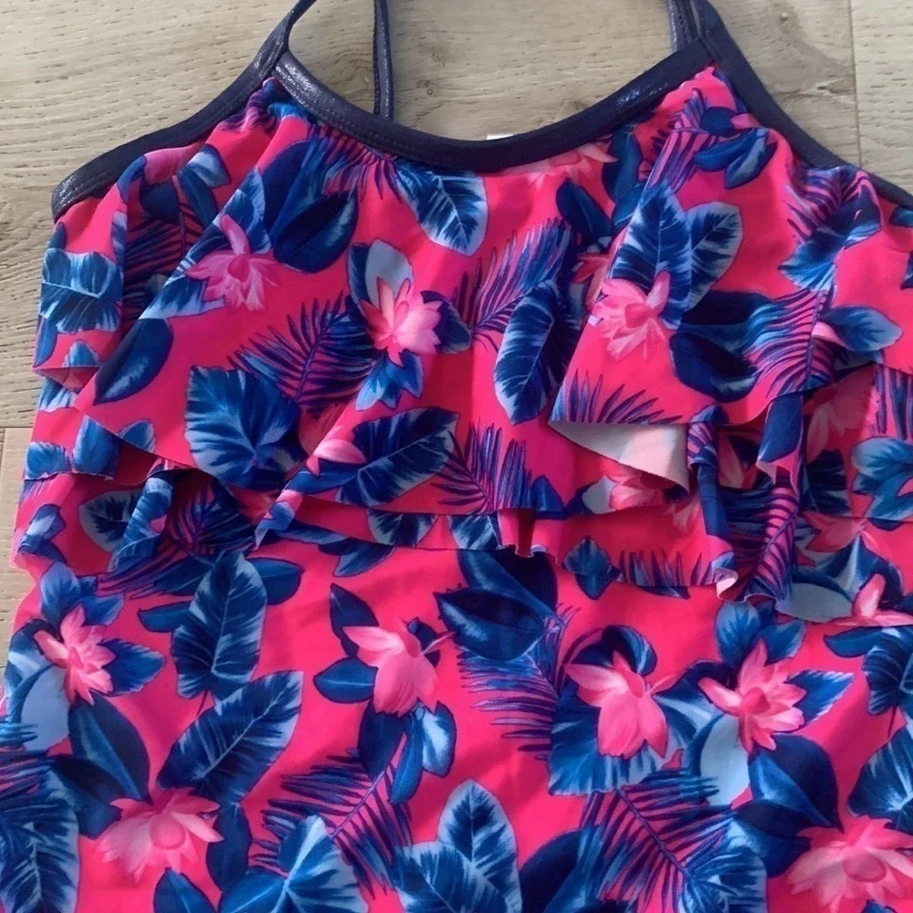 Body Glove Girls Pink Blue Tropical Floral Ruffle One Piece Swimsuit Size 12 NWT